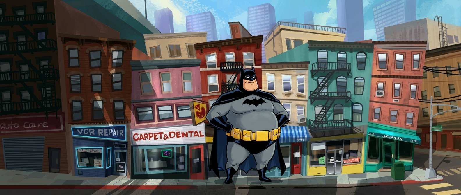 a round-bellied batman stands ready for action on a city sidewalk.